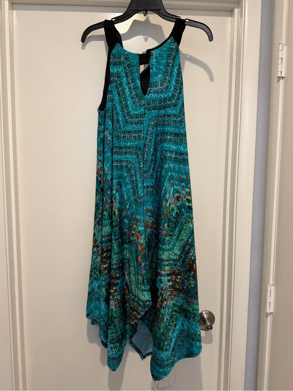 Emma & Michele Teal and Black Asymmetrical Handkerchief-Hem Dress